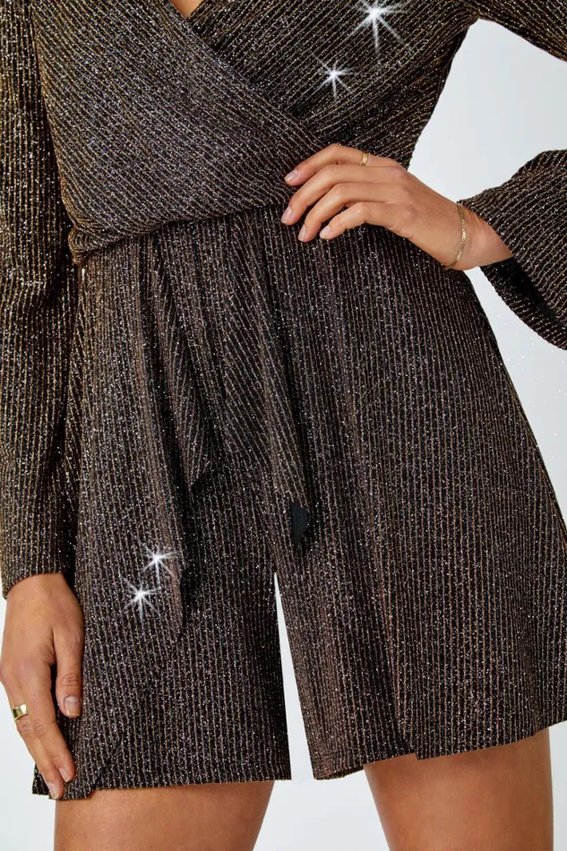 Women Gold Shimmer Stripe Wrap Stretch Playsuit Roman Jumpsuits and Playsuits