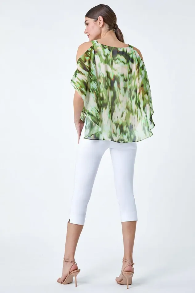 Women Green Abstract VNeck Cold Shoulder Overlay Top Roman Tops