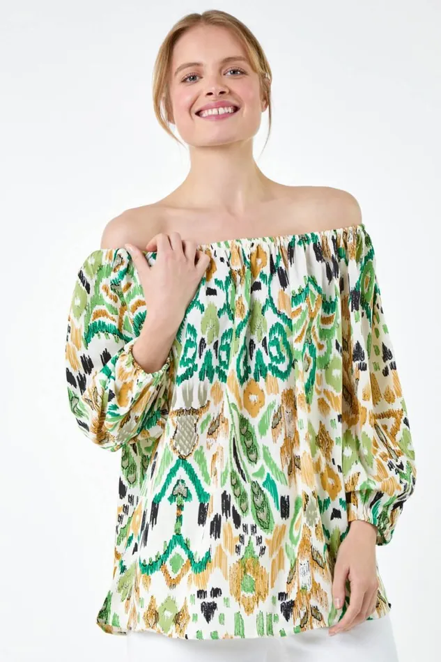 Women Green Aztec Print Stretch Bardot Top Roman Tops