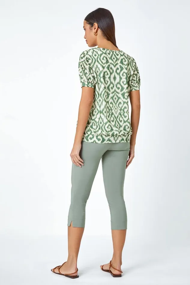 Women Green Aztec Print VNeck Blouson Hem Top Roman Tops