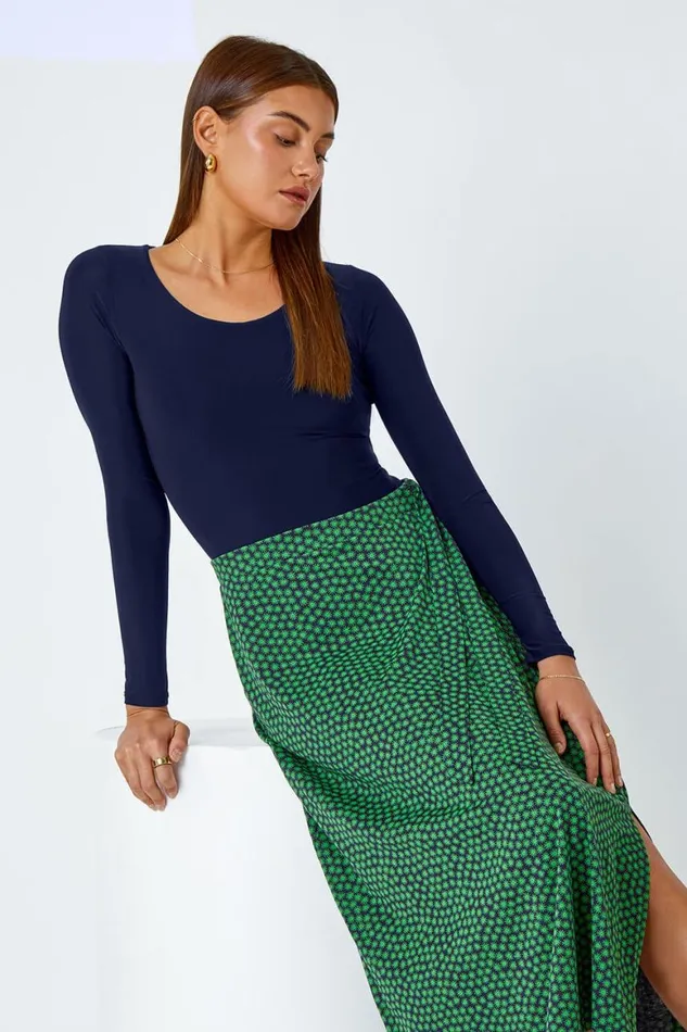 Women Green Cotton Blend Spot Print Midi Wrap Skirt Roman Skirts
