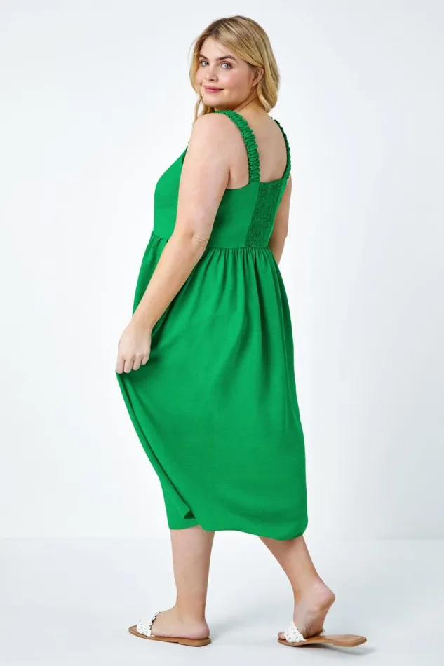 Women Green Curve Linen Look Ruched Midi Dress Roman Dresses