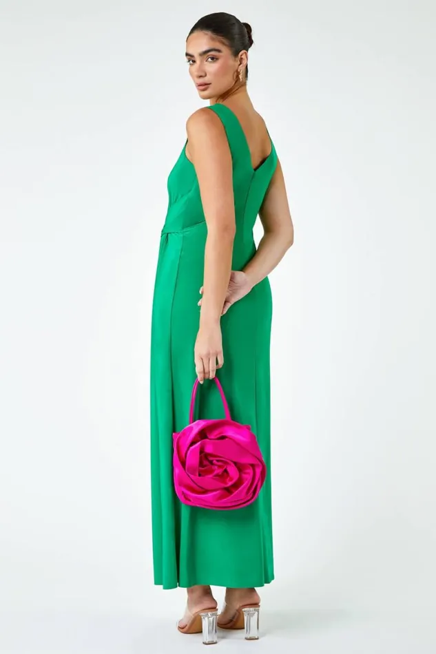 Women Green Drape Twist Stretch Ruched Maxi Dress Roman Dresses