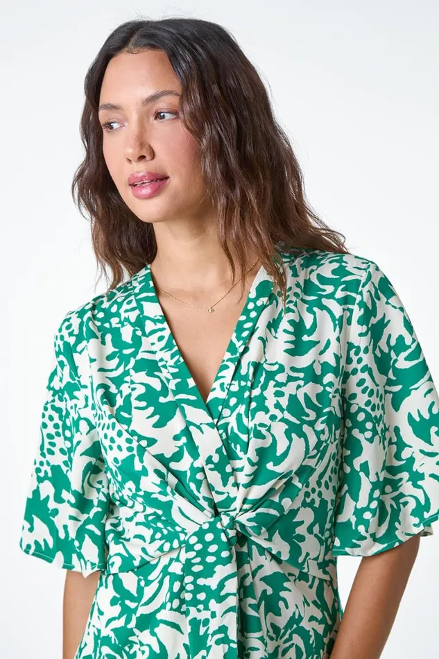 Women Green Floral Print VNeck Wrap Tie Top Roman Tops