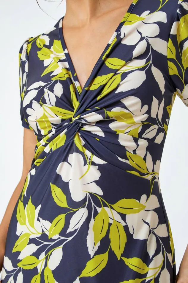 Women Green Leaf Twist Front Stretch Midi Dress Roman Dresses