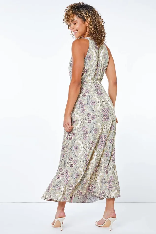 Women Green Petite Paisley Halterneck Maxi Dress Roman Dresses