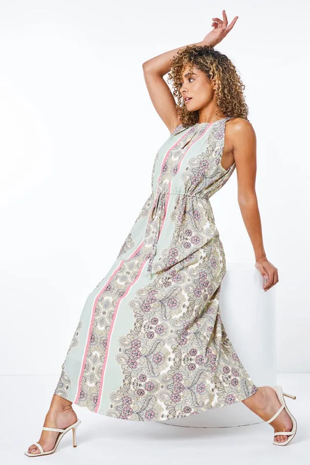 Women Green Petite Paisley Halterneck Maxi Dress Roman Dresses
