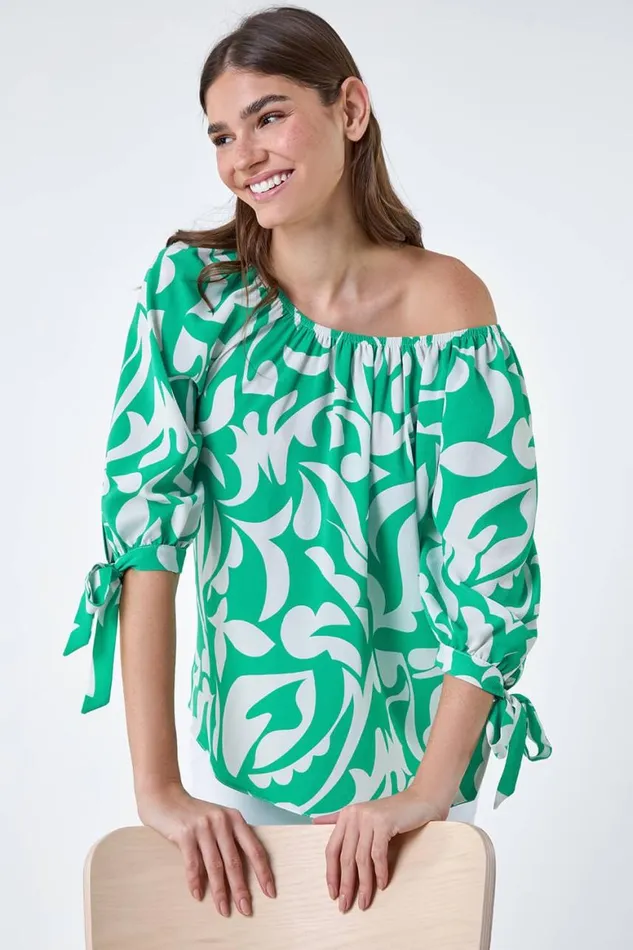 Women Green Printed Tie Sleeve Bardot Top Roman Tops