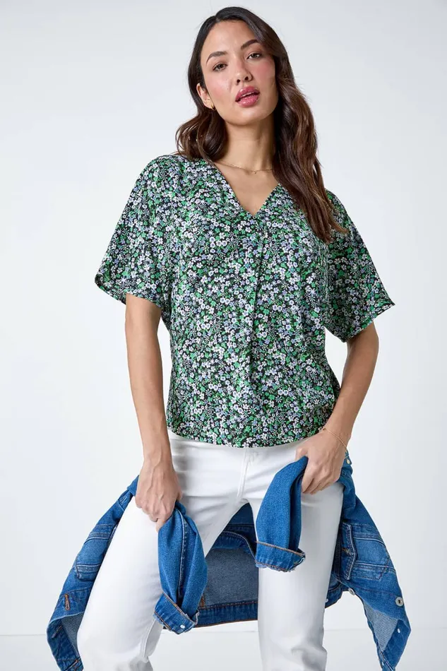 Women Green Textured Print Stretch Jersey Top Roman Tops