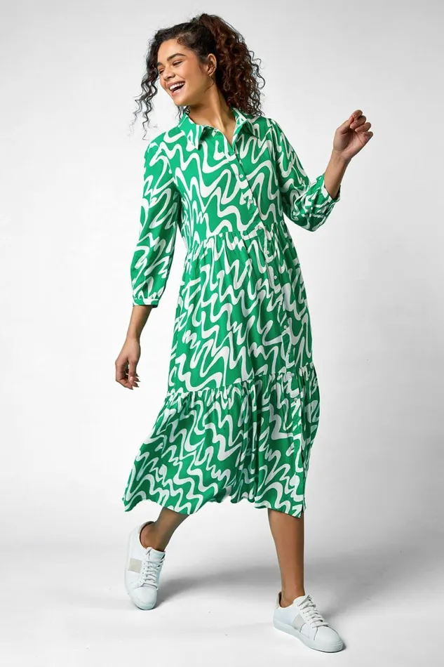 Women Green Wave Print Tiered Shirt Dress Roman Dresses