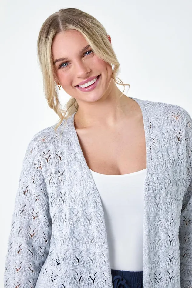 Women Grey Petite Shimmer Crochet Knit Cardigan Roman Knitwear