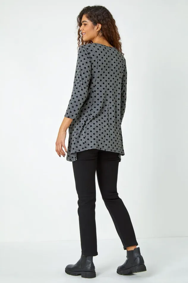 Women Grey Polka Dot Print Pocket Stretch Top Roman Tops