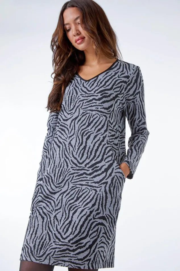 Women Grey Zebra Print Pocket Dress Roman Dresses
