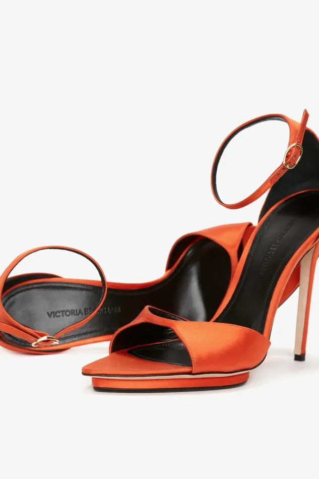 Women Heels Victoria Beckham Pointy Toe Stiletto Sandal In Orange Satin
