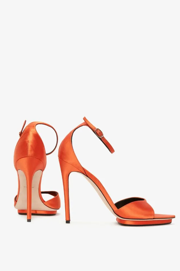 Women Heels Victoria Beckham Pointy Toe Stiletto Sandal In Orange Satin