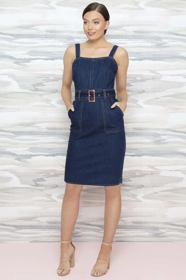 Women Indigo Denim Belted Dress With Pockets Roman Dresses