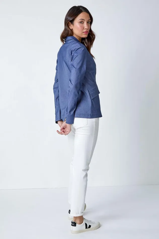 Women Indigo Denim Stretch Blazer Roman Jackets