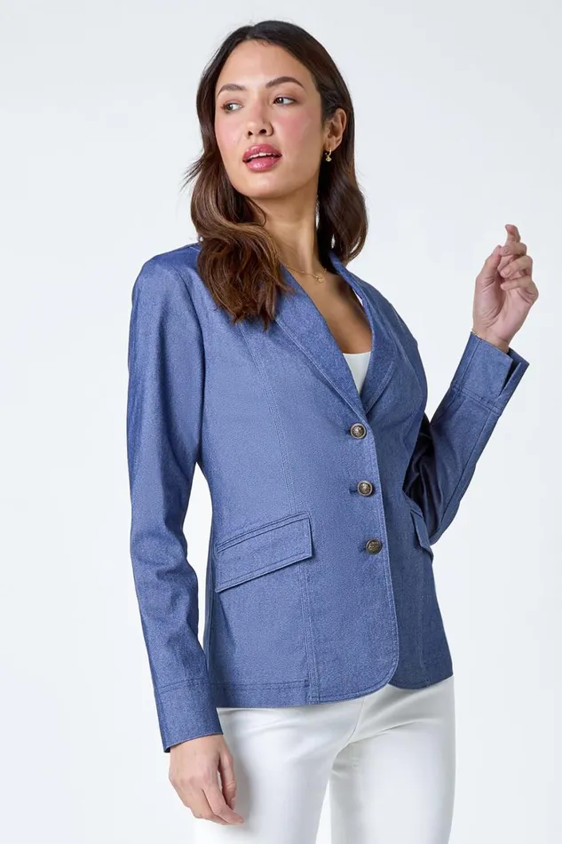 Women Indigo Denim Stretch Blazer Roman Jackets