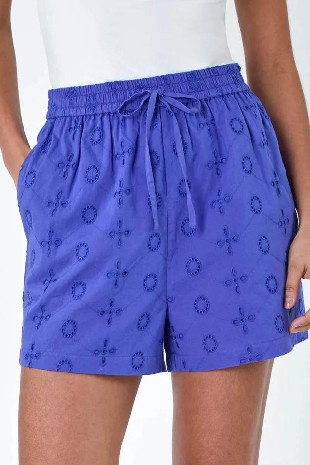 Women Indigo Elastic Waist Cotton Broderie Anglaise Shorts Roman Shorts