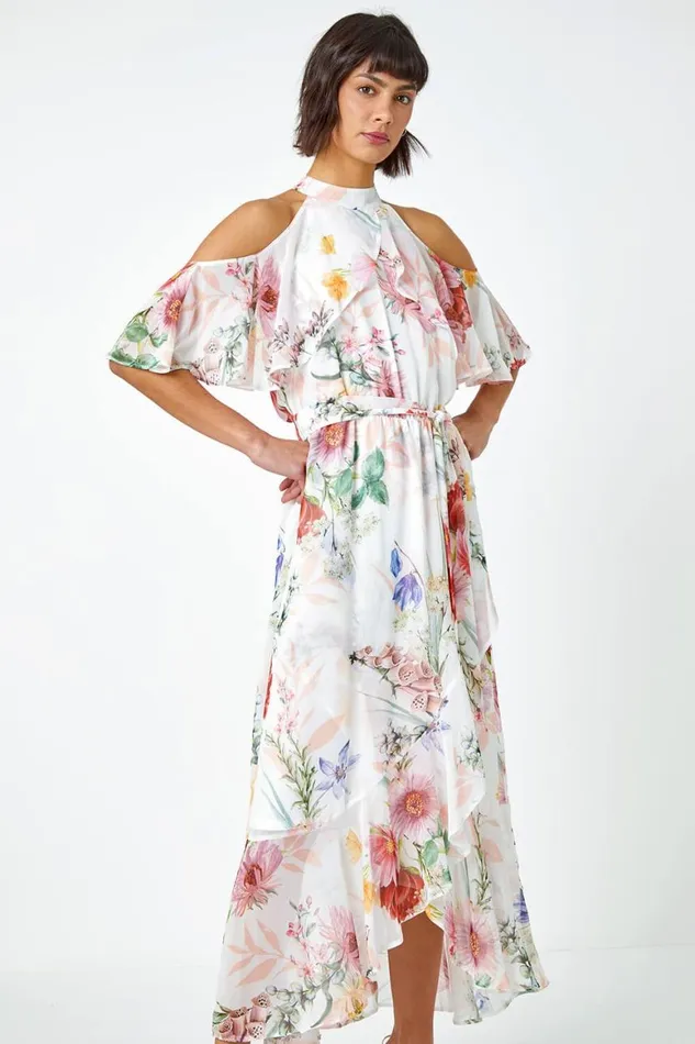 Women Ivory Floral Halterneck Chiffon Frill Dress Roman Dresses
