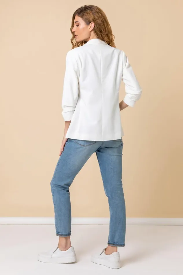 Women Ivory Ruched 34 Sleeve Blazer Jacket Roman Coords