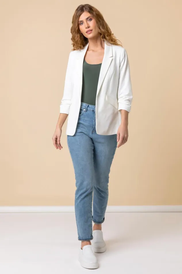Women Ivory Ruched 34 Sleeve Blazer Jacket Roman Coords