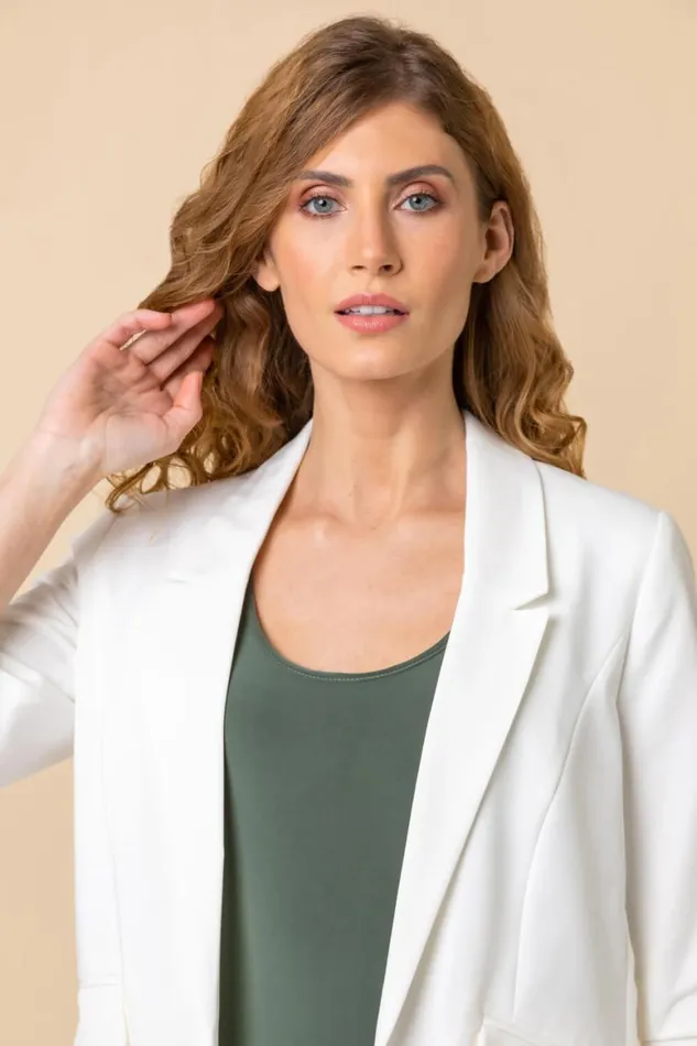 Women Ivory Ruched 34 Sleeve Blazer Jacket Roman Coords