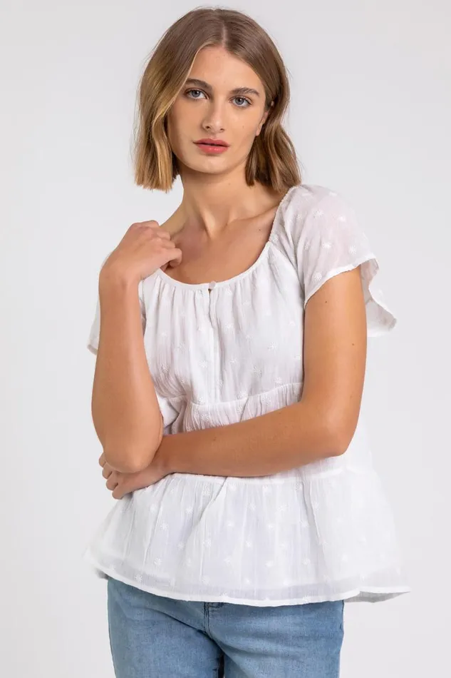 Women Ivory Tie Back Embroidered Cotton Top Roman Tops