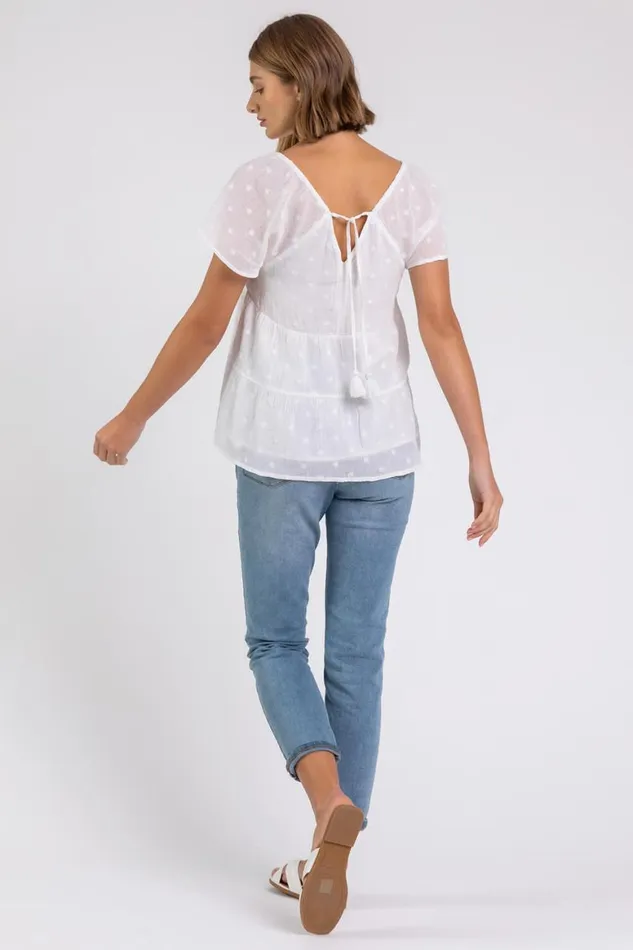 Women Ivory Tie Back Embroidered Cotton Top Roman Tops