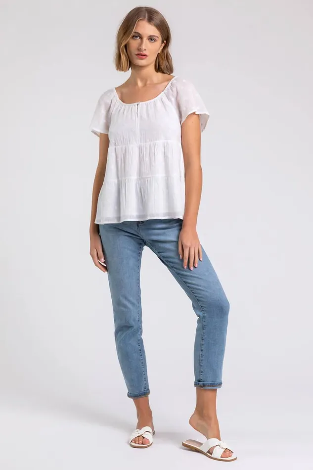 Women Ivory Tie Back Embroidered Cotton Top Roman Tops