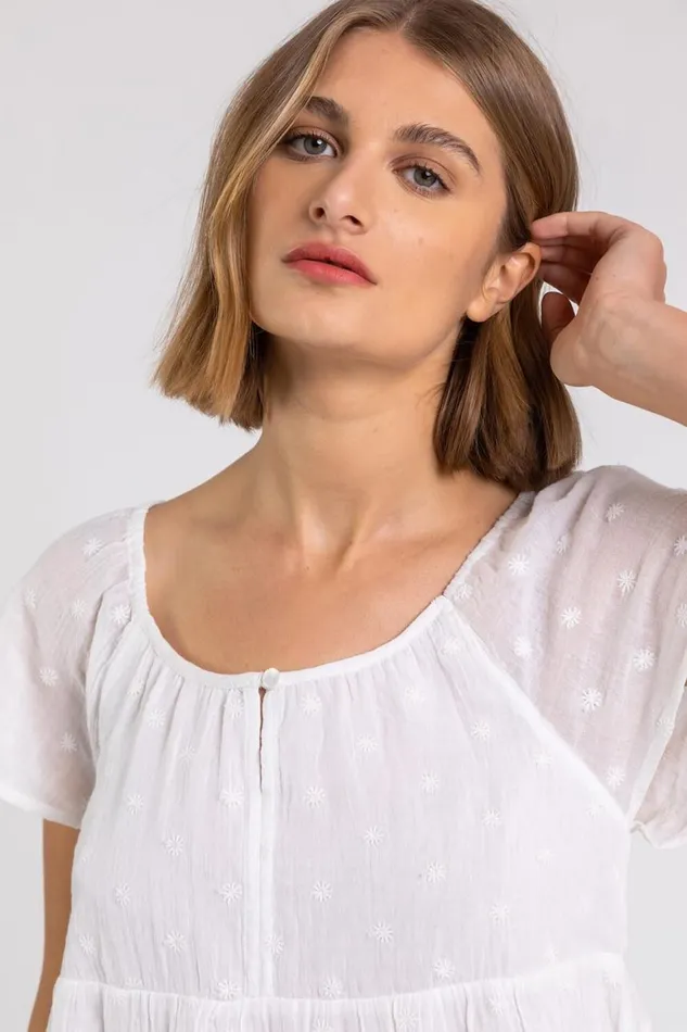 Women Ivory Tie Back Embroidered Cotton Top Roman Tops