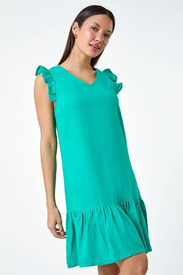 Women Jade Linen Blend Frill Detail Dress Roman Dresses