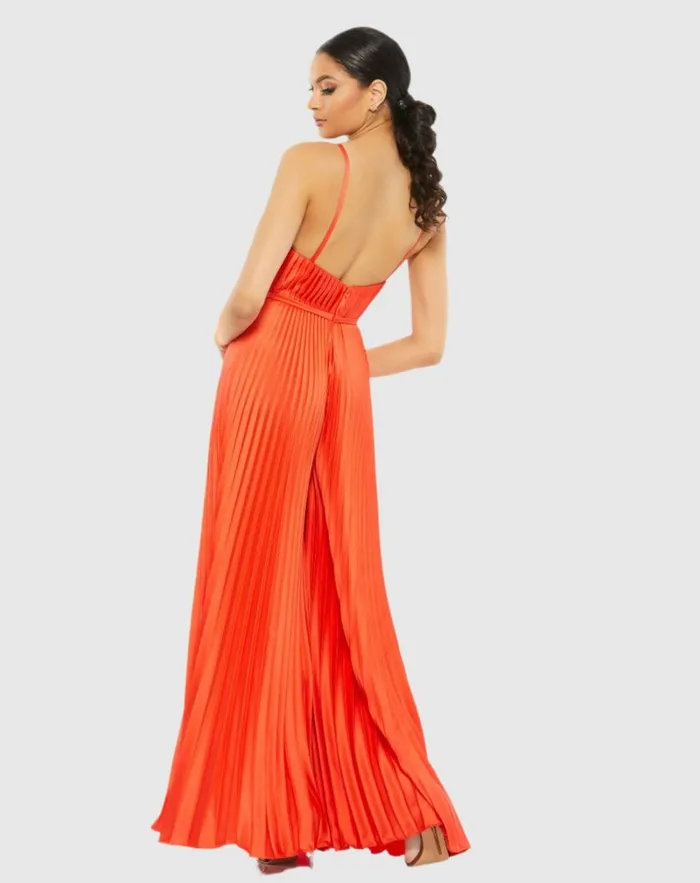 Women Jumpsuits and Rompers Mac Duggal Orange Pleated Plunge Neck Wide Leg Jumpsuit Tangerine