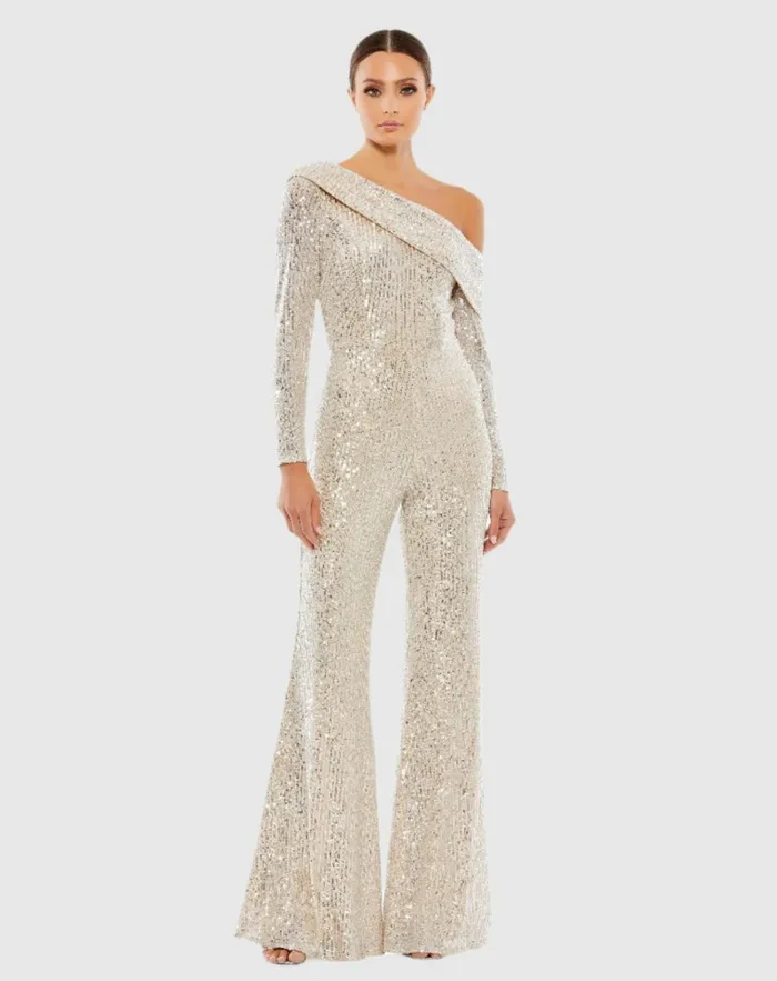 Women Jumpsuits and Rompers Mac Duggal Sequined Drop Shoulder Long Sleeve Jumpsuit Nude Silver Women Jumpsuits and Rompers Mac Duggal Sequined Drop Shoulder Long Sleeve Jumpsuit Nude Silver