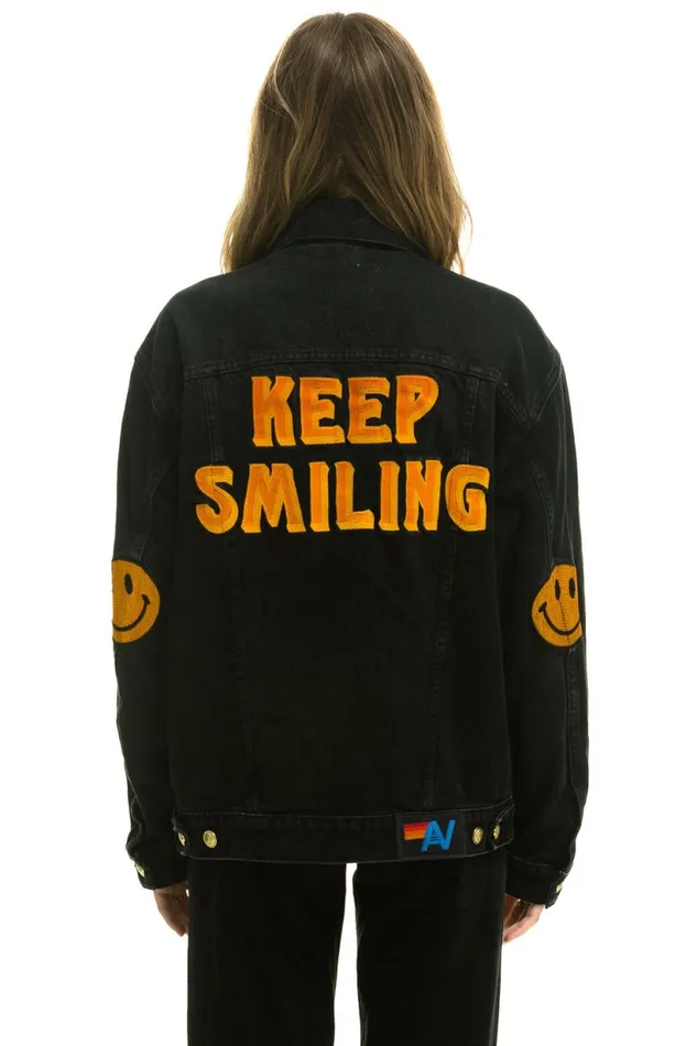 Women KEEP SMILING OVERSIZED CONCERT DENIM JACKET 8211 VINTAGE BLACK Aviator Nation
