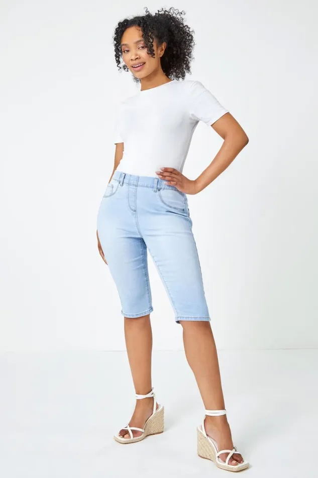 Women Light Denim Petite Bleached Denim Stretch Shorts Roman Shorts