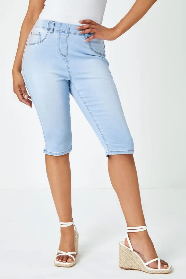 Women Light Denim Petite Bleached Denim Stretch Shorts Roman Shorts