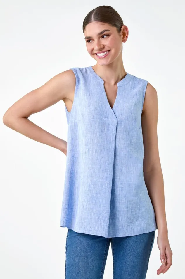 Women Light Denim Plain Sleeveless Vest Top Roman Tops