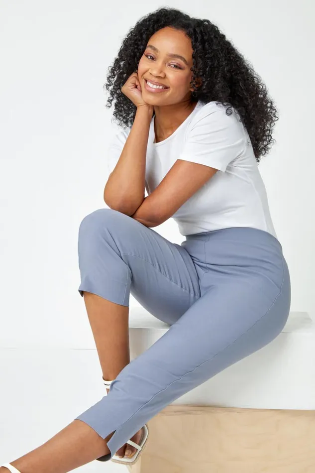 Women Light Grey Petite Elastic Waist Stretch Cropped Trouser Roman Trousers