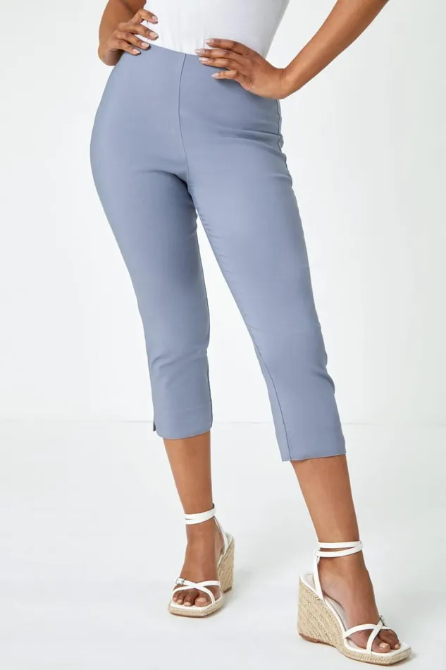 Women Light Grey Petite Elastic Waist Stretch Cropped Trouser Roman Trousers