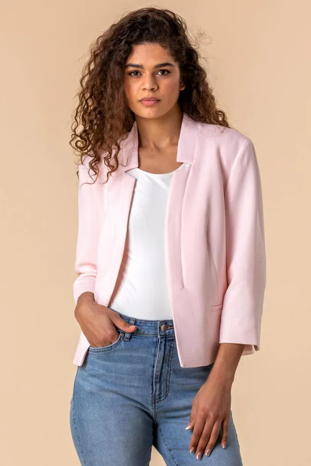 Women Light Pink 34 Sleeve Textured Notch Neck Jacket Roman Jackets