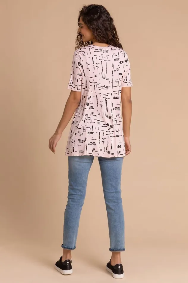Women Light Pink Abstract Pocket Stretch Swing Top Roman Tops