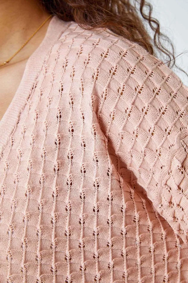 Women Light Pink Cotton Blend Waffle Knit Cardigan Roman Knitwear