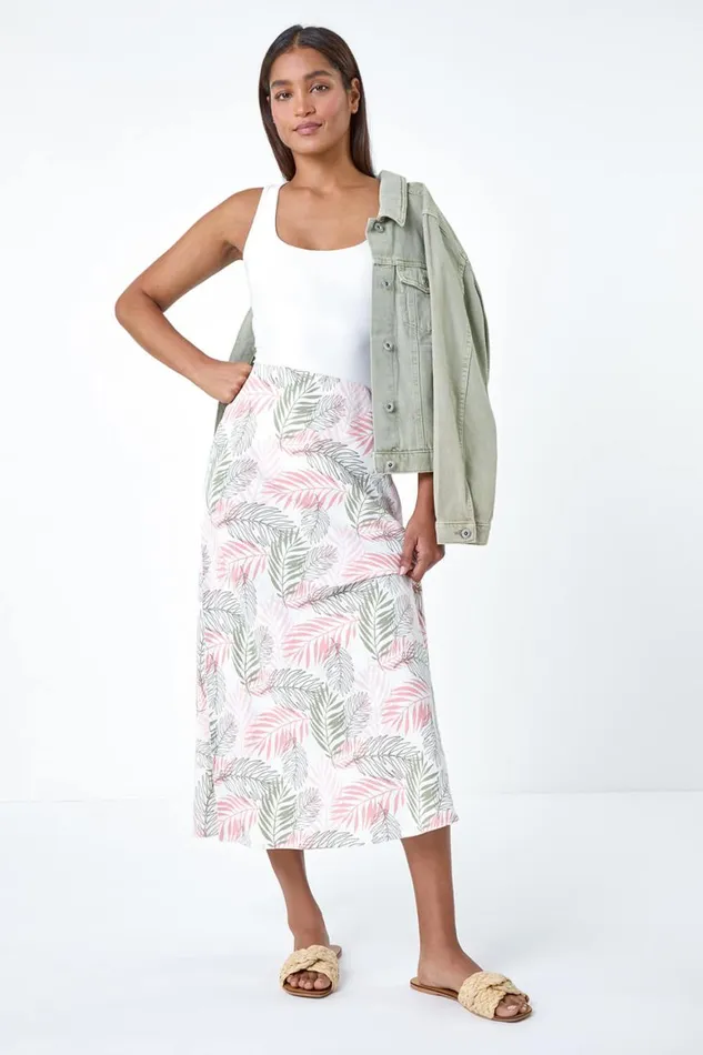 Women Light Pink Leaf Print Linen Blend ALine Skirt Roman Skirts