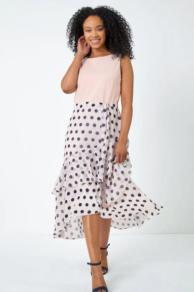 Women Light Pink Petite Sleeveless Polka Dot Chiffon Midi Dress Roman Dresses