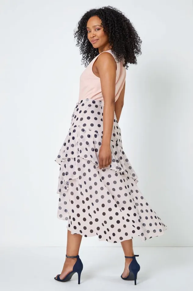 Women Light Pink Petite Sleeveless Polka Dot Chiffon Midi Dress Roman Dresses