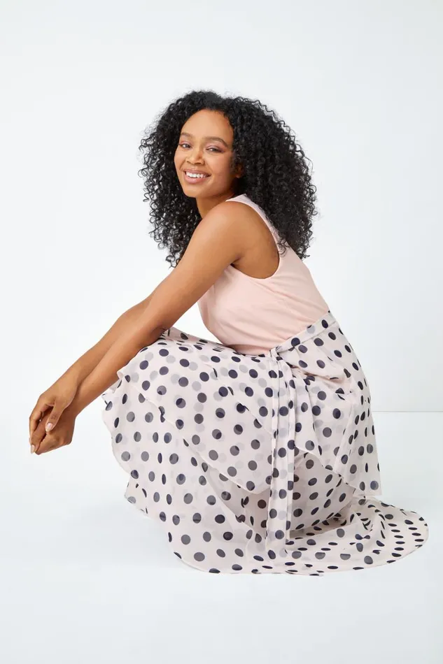 Women Light Pink Petite Sleeveless Polka Dot Chiffon Midi Dress Roman Dresses