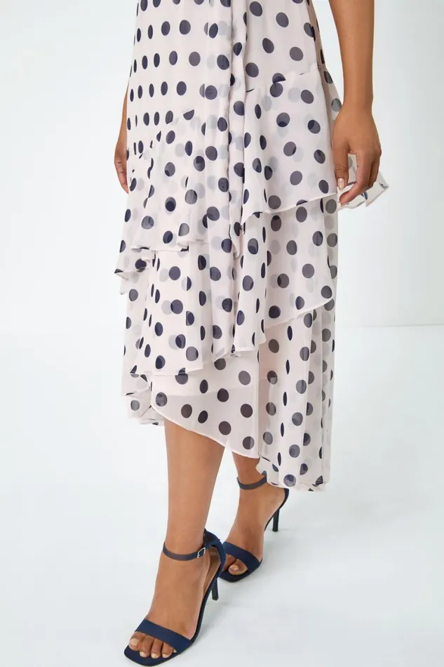 Women Light Pink Petite Sleeveless Polka Dot Chiffon Midi Dress Roman Dresses