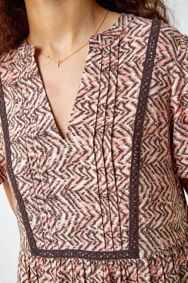 Women Light Pink Zig Zag Lace Trim Smock Dress Roman Dresses