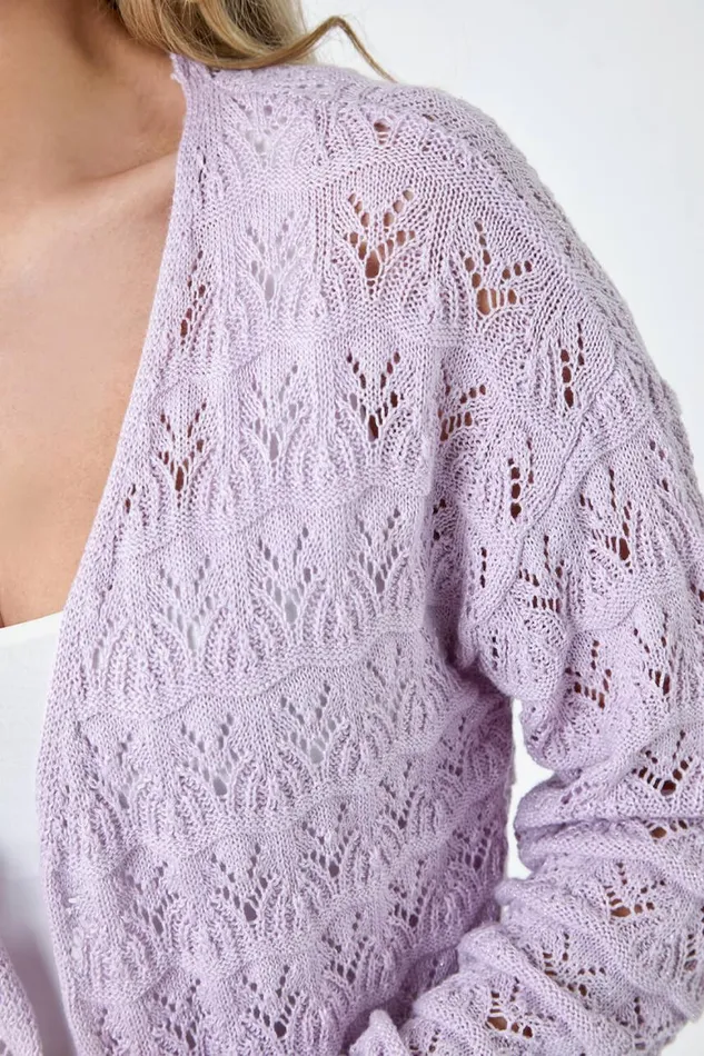 Women Lilac Petite Shimmer Crochet Knit Cardigan Roman Knitwear